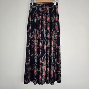 Vintage Herman Geist Floral Maxi Skirt Womens 4 Blue Pleated Cottagecore Prairie